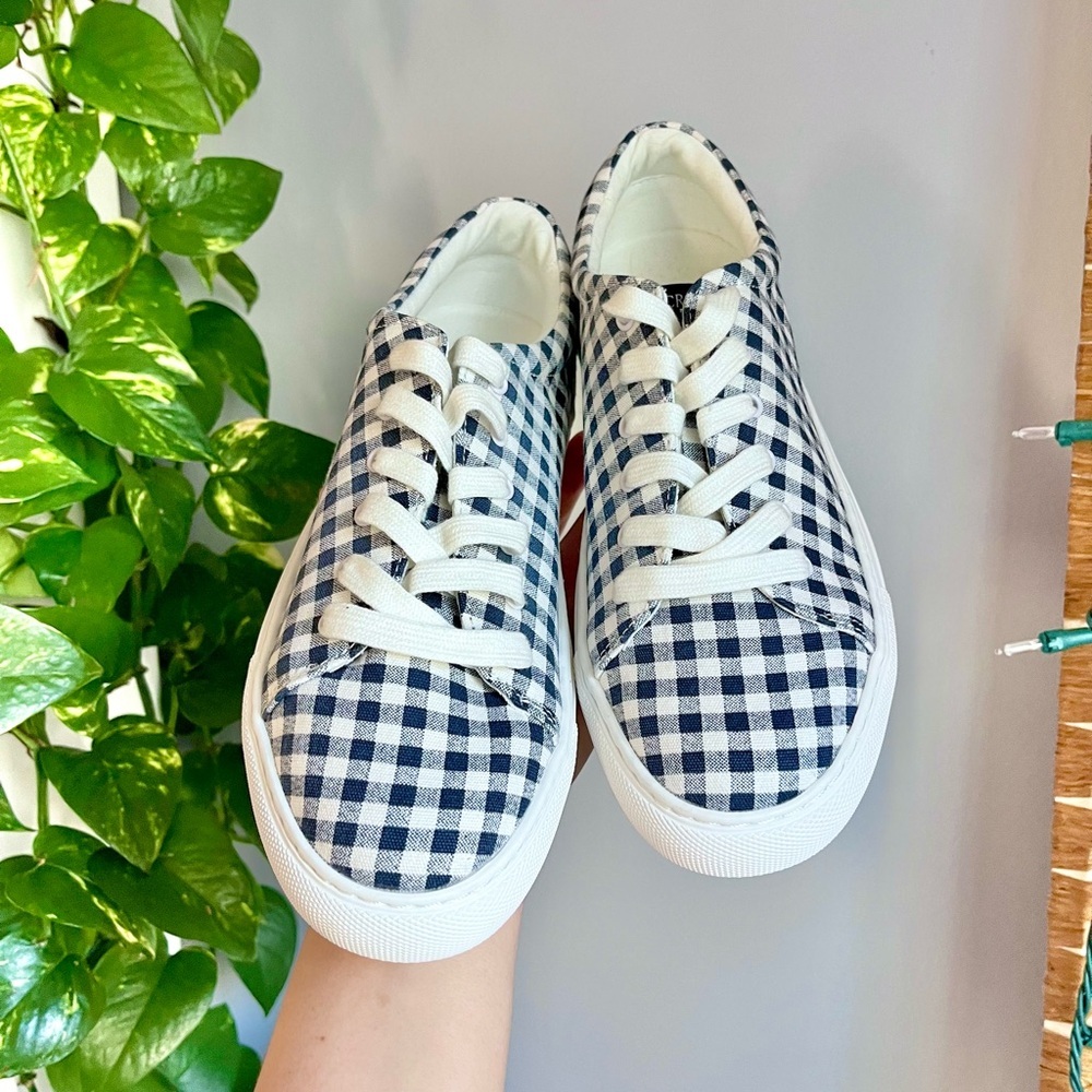J. Crew Navy Blue & White Gingham Sneakers - Picture 2 of 10